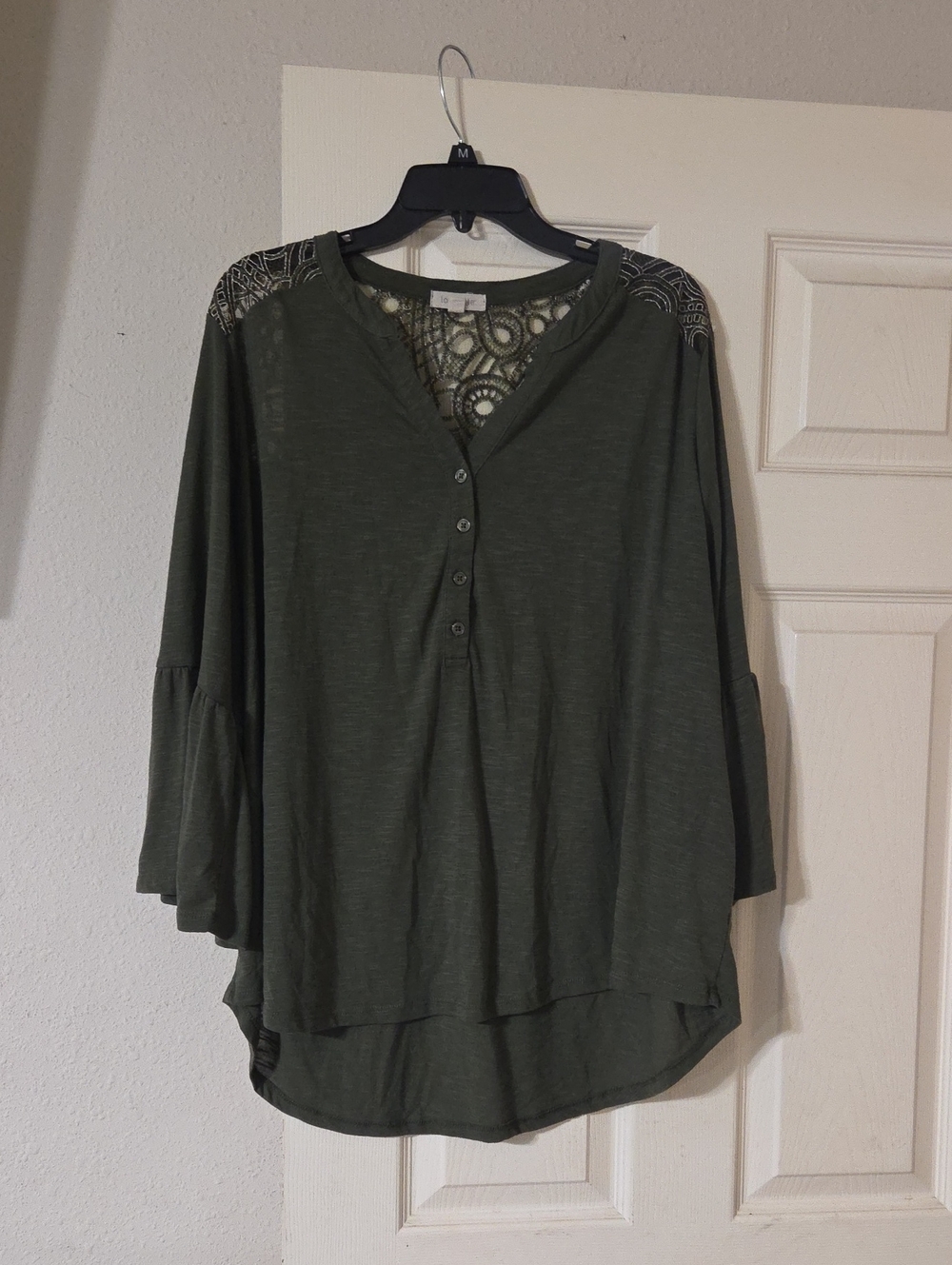 Women’s Loralette Olive Green Lace-Back Henley High LowTop With 3/4 Bell Sleeves